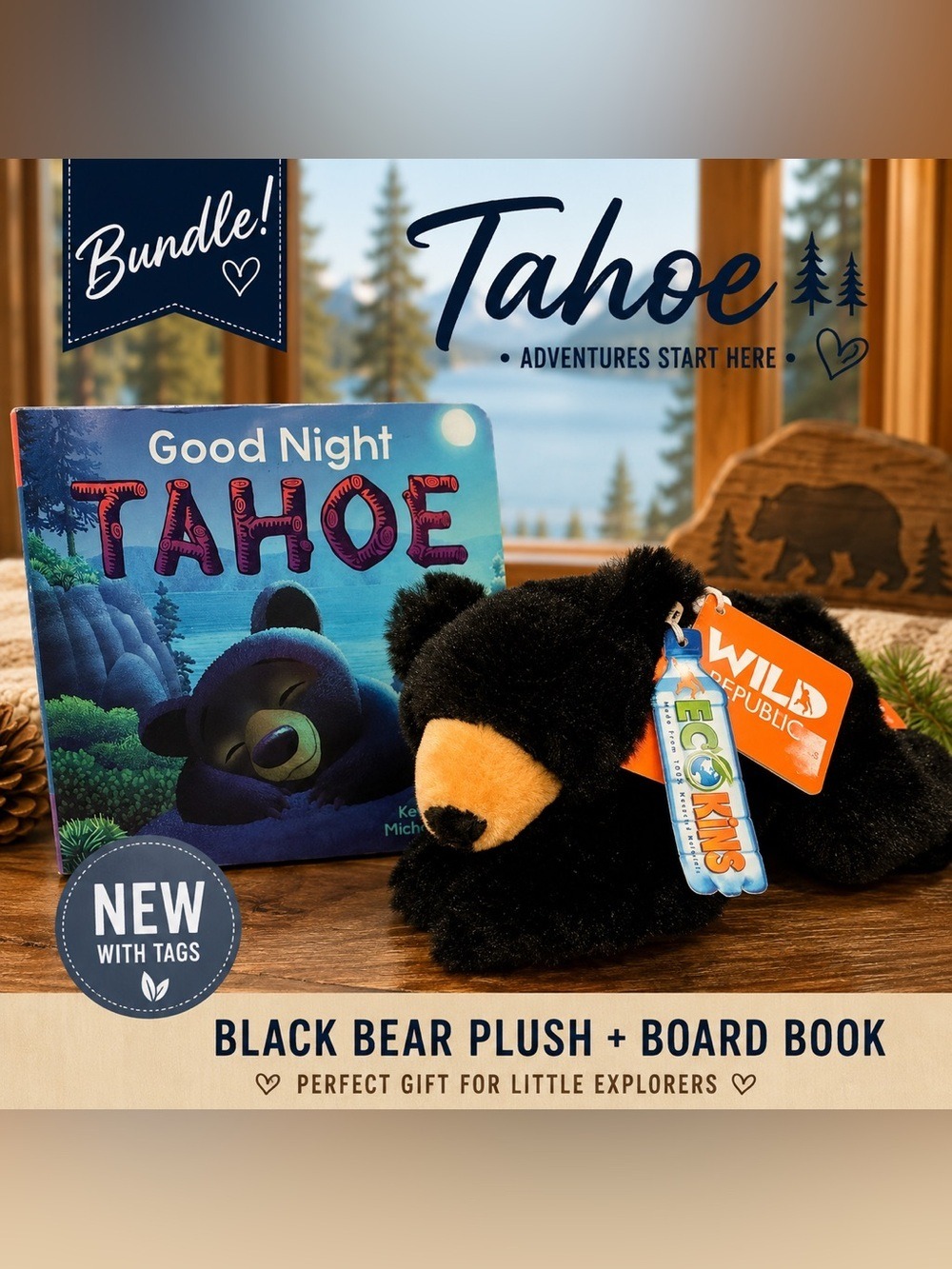 Wild Republic Black Bear Plush & Good Night Tahoe Board Book Gift Set NWT